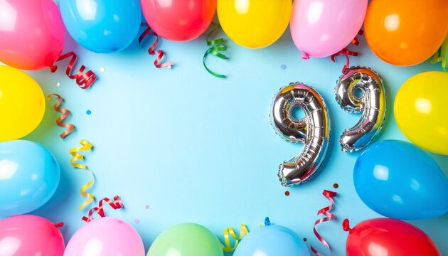 Festive birthday background with number 99 balloons and colorful streamers