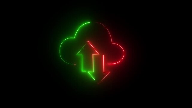 Neon digital cloud icon, data transfer animation. Glowing neon cloud storage with arrows, looped animation. 4k video animation.