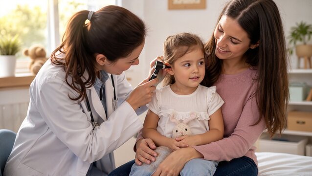 Pediatrician checking child's ears with otoscope in clinic