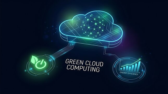 Futuristic holographic sustainable technology concept showing digital cloud computing networks with glowing green energy data streams