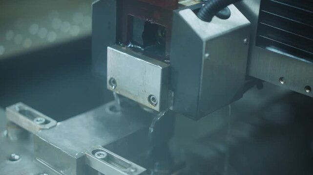 close up of cnc machine processing metal parts in industrial factory