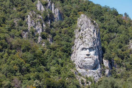 July 10, 2026, Iron Gates gorge, Romania: Monumental rock carving depicting Decebalus, Dacia's last king, along the Danube river. Historical landmark