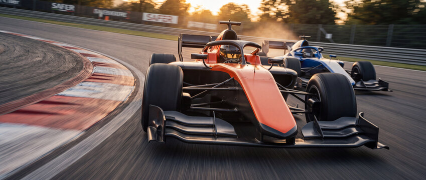 Racing cars speeding on circuit track during sunset, showcasing dynamic motion blur on tarmac curve, ideal for motorsport competition, automotive speed, and championship themes