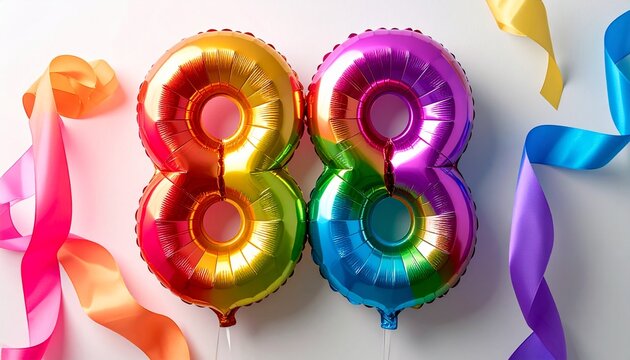 Glossy Rainbow Number 88 Balloons with Colorful Ribbons for Celebration