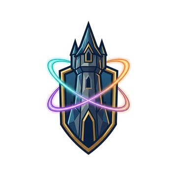 Mystical Tower Shield with Orbiting Neon Rings Fantasy Gaming Logo.
