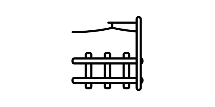 Black outline railway track segment icon with overhead catenary line.