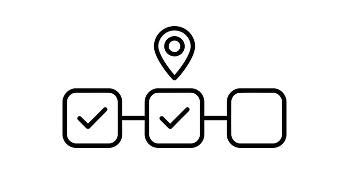 Black outline progress steps icon with map pin for workflow tracking.