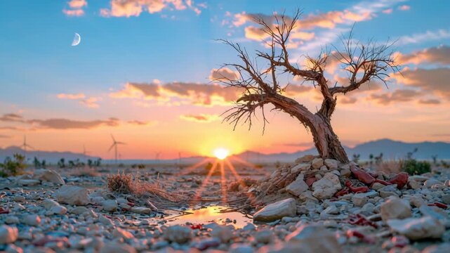 Dead tree standing in a rocky barren landscape at sunset, symbolizing environmental degradation, climate change, drought, ecological crisis, resilience and the future of our planet.