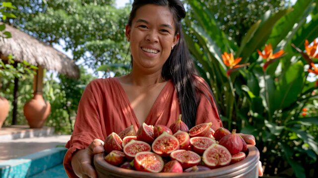 Smiling woman holding a large tray of fresh figs in a tropical garden, representing healthy food, harvest, nature, traditional farming and a joyful outdoor lifestyle.