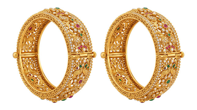 Traditional gold bangles with intricate filigree, ornate Indian bridal jewelry set, luxury gold bracelets with ruby and emerald accents isolated PNG with Transparent Background