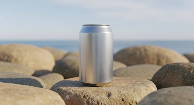 A captivating coastal scene featuring a sleek silver beverage can resting amidst a rugged arrangement of weathered stones and