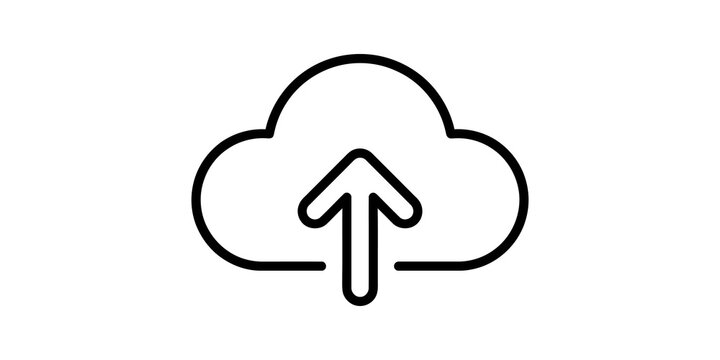 Cloud upload line icon with black stroke for digital data storage needs.