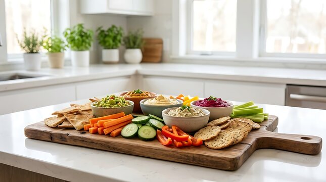 Fresh vegetable platter with hummus dips and crispy crackers on a wooden board in a bright kitchen. dip stationparty snack