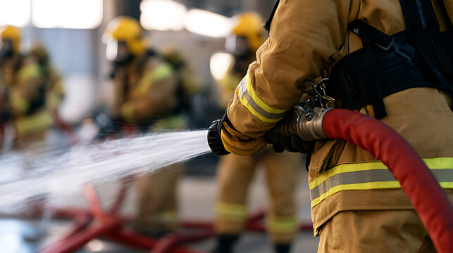 Firefighter team in protective gear hold a heavy water hose to extinguish flames during an emergency rescue drill in an industrial site
