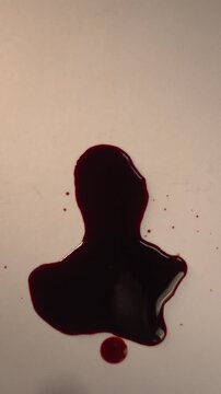 Fresh blood drop falling into pool on light background for forensic DNA analysis, top view macro slow motion, top copy space, vertical video