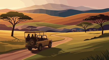 African safari vehicle travels a winding road through a golden savannah landscape illustration © SobujAhmed