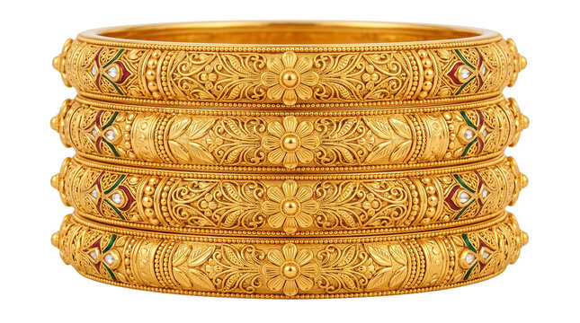 Traditional Indian gold bangles with intricate floral carvings, set of four bridal jewelry bracelets, luxury ethnic gold accessories isolated PNG with Transparent Background