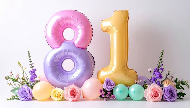 Number 80 made of shiny rainbow foil balloons for celebration banner