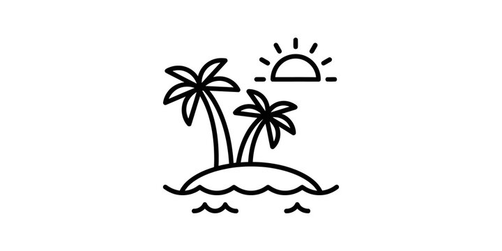 Tropical island with palm trees and sun line icon for travel designs.