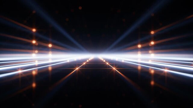 Futuristic abstract tunnel with glowing white and orange light trails converging toward the horizon, creating a dynamic high-tech background for speed, technology and innovation.