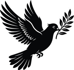 Fototapeta premium Flying Peace Dove Pigeon Holding Olive Branch Wings Open Flight Silhouette Harmony Hope Love Wedding Black And White Vector Art Clipart Laser Cut File Stencil Tattoo Logo Minimalist Design