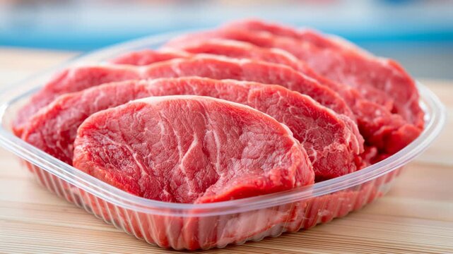 Fresh raw pork slices neatly arranged in a clean plastic tray, showcasing high-quality meat, natural marbling, freshness and preparation-ready ingredients for cooking.