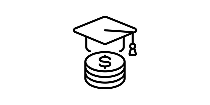 Graduation cap on stack of coins icon for tuition and student loans.