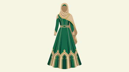 Fototapeta premium Muslim woman wearing traditional green dress and hijab in elegant fashion vector illustration