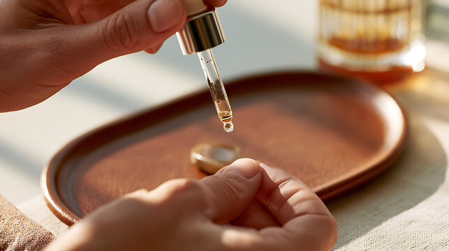Close up view of hands hold dropper with essential oil drop for skincare treatment, natural cosmetic product apply on body part