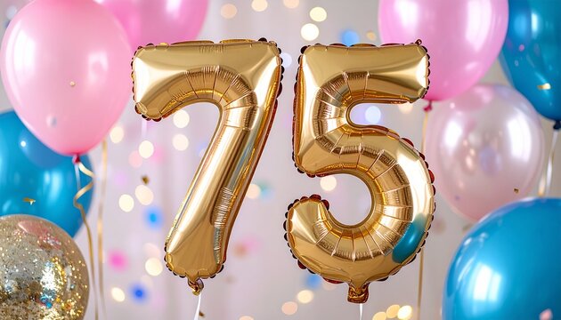 Seventy Fifth Birthday Celebration Background with Metallic Gold Balloons