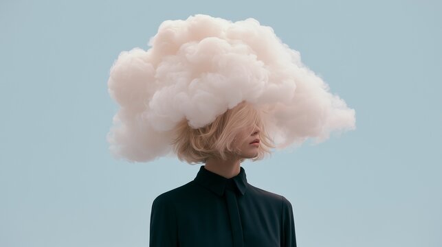 Minimal abstract portrait of a girl with her head in the clouds