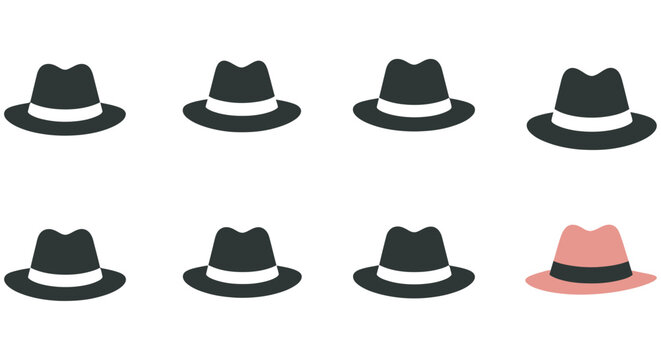 Set of six black and pink classic fedoras isolated on white background for fashion design