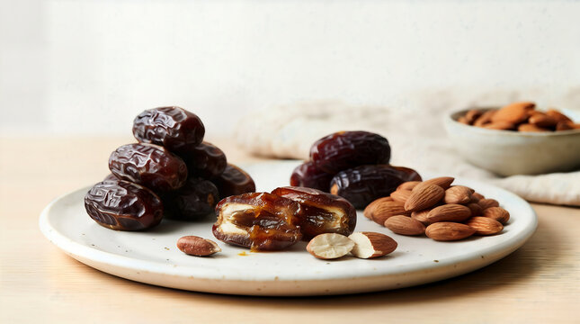 Sweet dried dates and almonds arranged on a white plate with date fruit