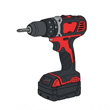 Red cordless drill driver vector illustration isolated on white background, battery powered electric screwdriver power tool for construction and carpentry