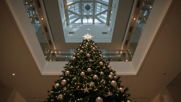 A beautifully decorated Christmas tree illuminated with lights, adorned with ornaments, and topped with a star, set indoors under a skylight