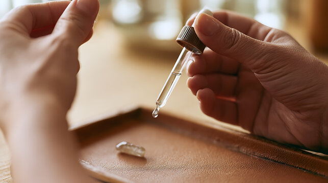 Close-up view of hands holding a glass dropper dispensing clear liquid onto a small capsule on a wooden tray for wellness treatment