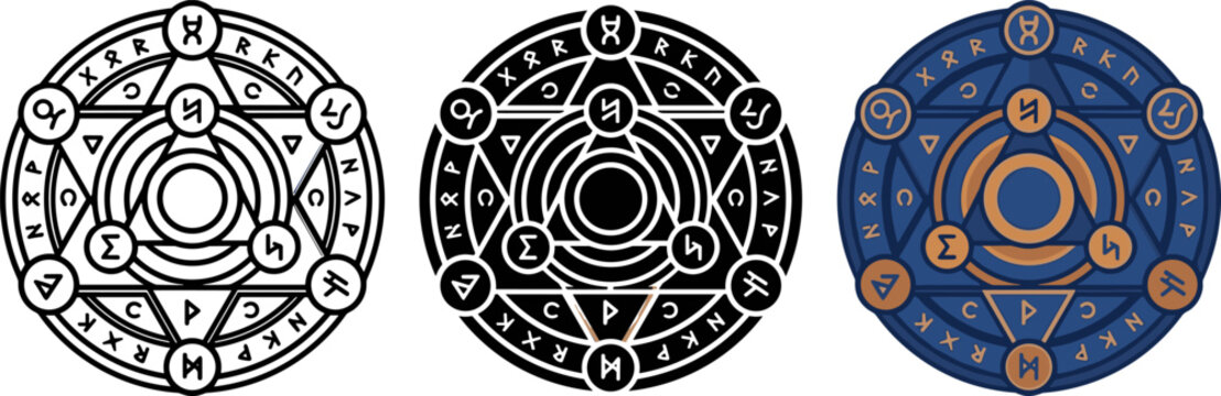 Set of three alchemical magic circles with runic symbols