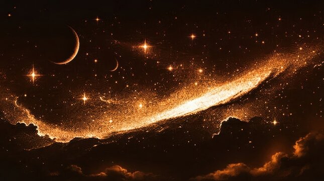 Sun and Moon in a Mystical Starry Space with Glowing Stars, Deep Blue Galaxy, Cosmic Nebula and Celestial Universe Illustration
