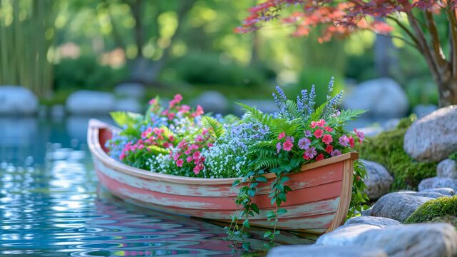 Charming wooden rowboat filled with colorful flowers and lush foliage resting beside a tranquil garden pond, creating a peaceful romantic landscape with natural beauty.