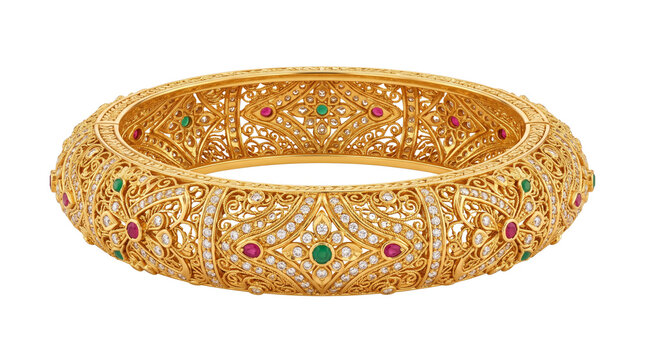 Traditional Indian gold bangle with intricate filigree, ornate bridal jewelry with emeralds and rubies, luxury 22k gold bracelet for weddings isolated PNG with Transparent Background