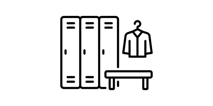 Locker room icon with metal cabinets bench and shirt on hanger line.