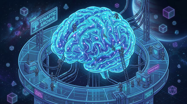Astronauts working on a glowing digital brain in space