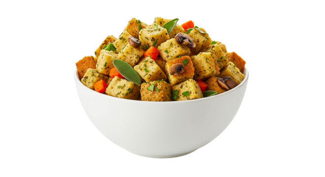 Bowl of herb stuffing with mushrooms, carrots, and sage leaves
