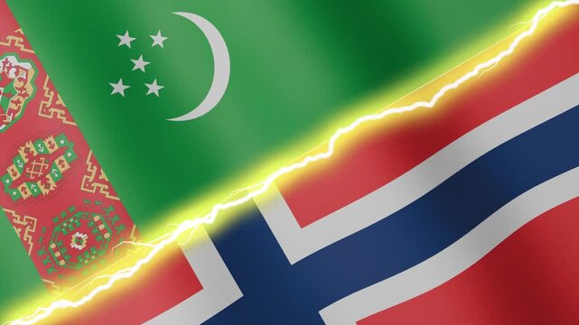 Two waving flags Turkmenistan and Norway with diagonal lightning seamless, 4k loop