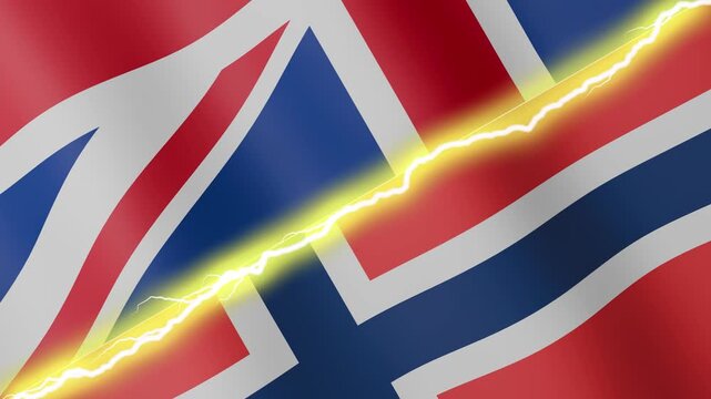 Two waving flags United Kingdom and Norway with diagonal lightning seamless, 4k loop
