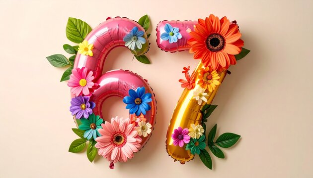 67th Birthday Celebration Balloon and Floral Decoration Concept