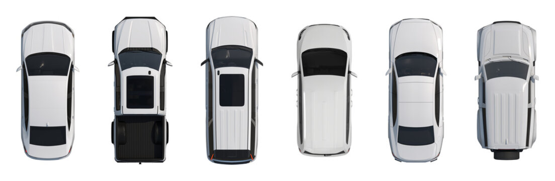 White Car Set Top View Isolated on White Background 3D Render