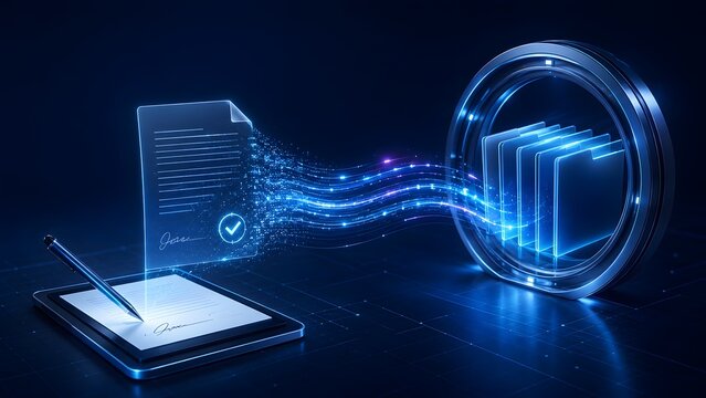 Electronic signature verification process showing digital pen executing smart contract with secure data transfer to encrypted digital vault