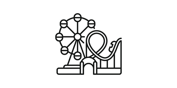 Amusement park flat icon with ferris wheel and rollercoaster for travel.