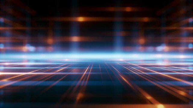 Futuristic abstract background with glowing digital grid lines, blue and orange lights, and atmospheric depth, creating a high-tech environment for technology, innovation and digital concepts.